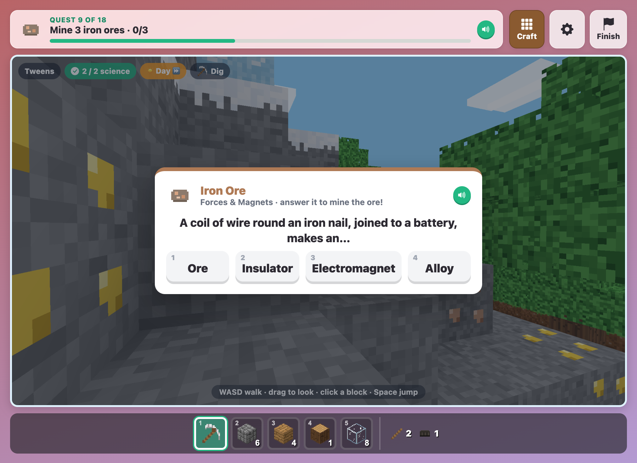 an Iron Ore question card in ScienceCraft for tweens about a coil of wire round an iron nail