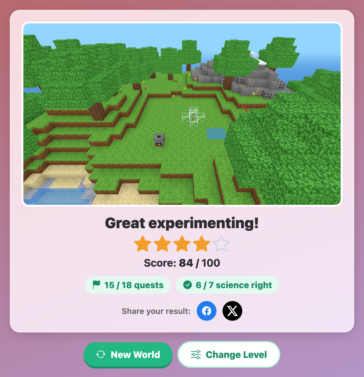 the Great experimenting results card in ScienceCraft with a snapshot of the plot and a score of 84