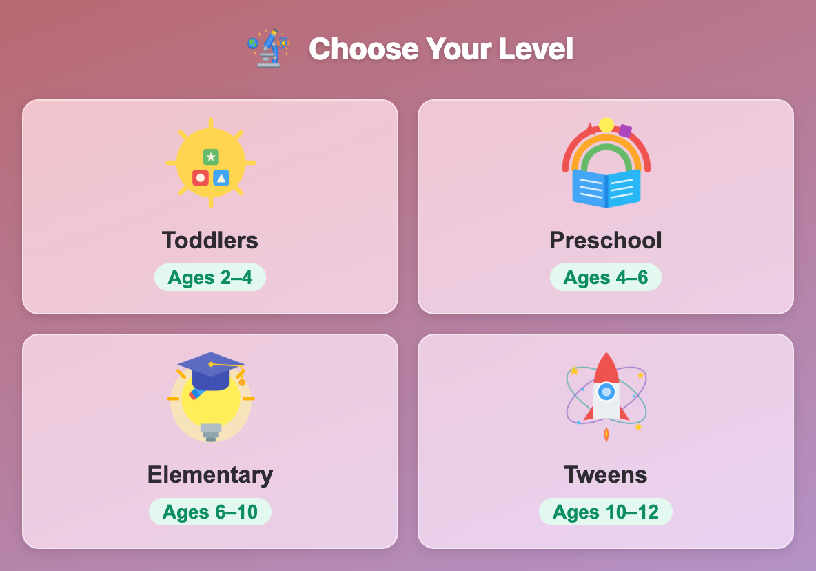 the Choose Your Level screen in Habitat Rescue for kids, with Toddlers, Preschool, Elementary and Tweens cards