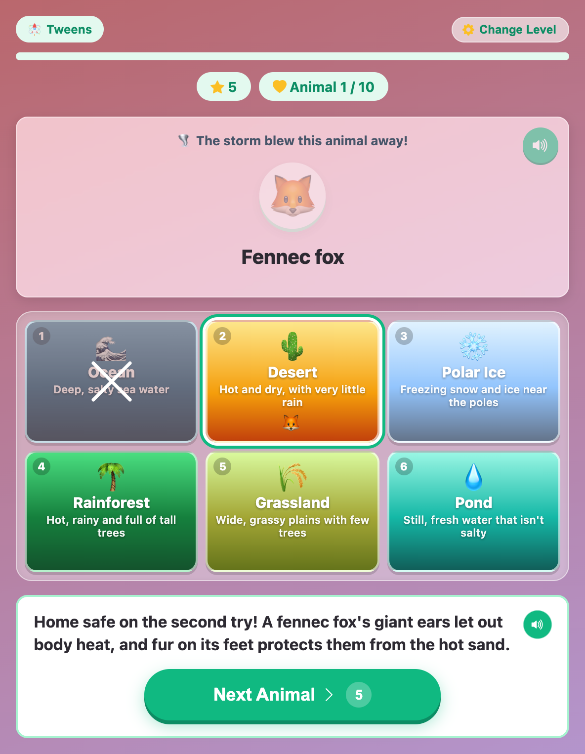 a fennec fox rescued into the Desert on the second try, with the Ocean tile crossed out and a Next Animal button