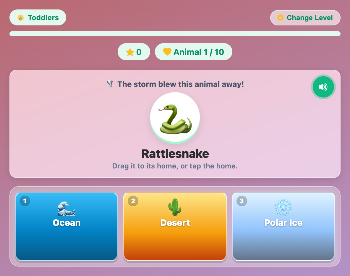 a rattlesnake card above just three big tiles, Ocean, Desert and Polar Ice, at the Toddlers level of Habitat Rescue