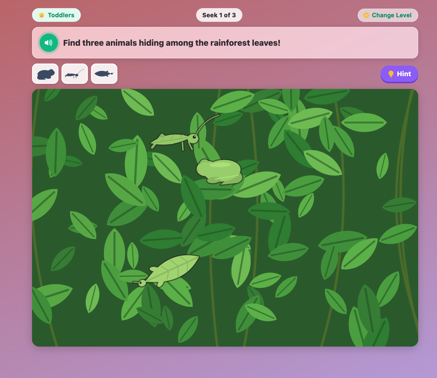a rainforest scene in Camouflage Hide & Seek for toddlers, with a katydid, a sleeping tree frog and a leaf insect among green leaves