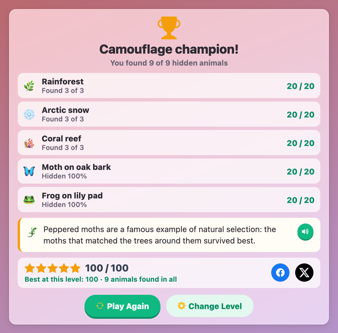 the Camouflage champion finish card with 100 out of 100 points, 9 of 9 animals found and two critters hidden
