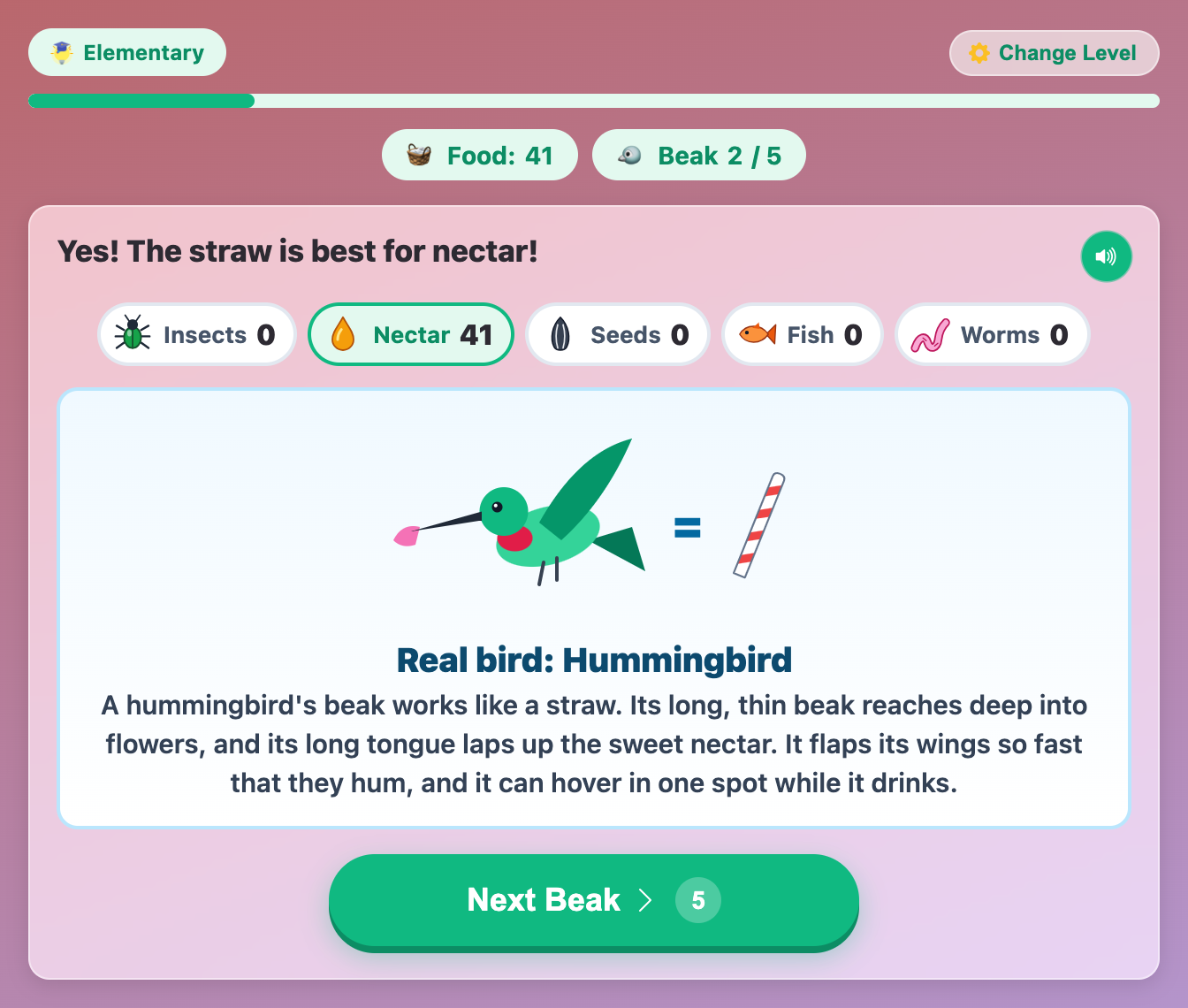 a hummingbird drawn next to a straw after the straw test, with the nectar tally highlighted and a bird fact