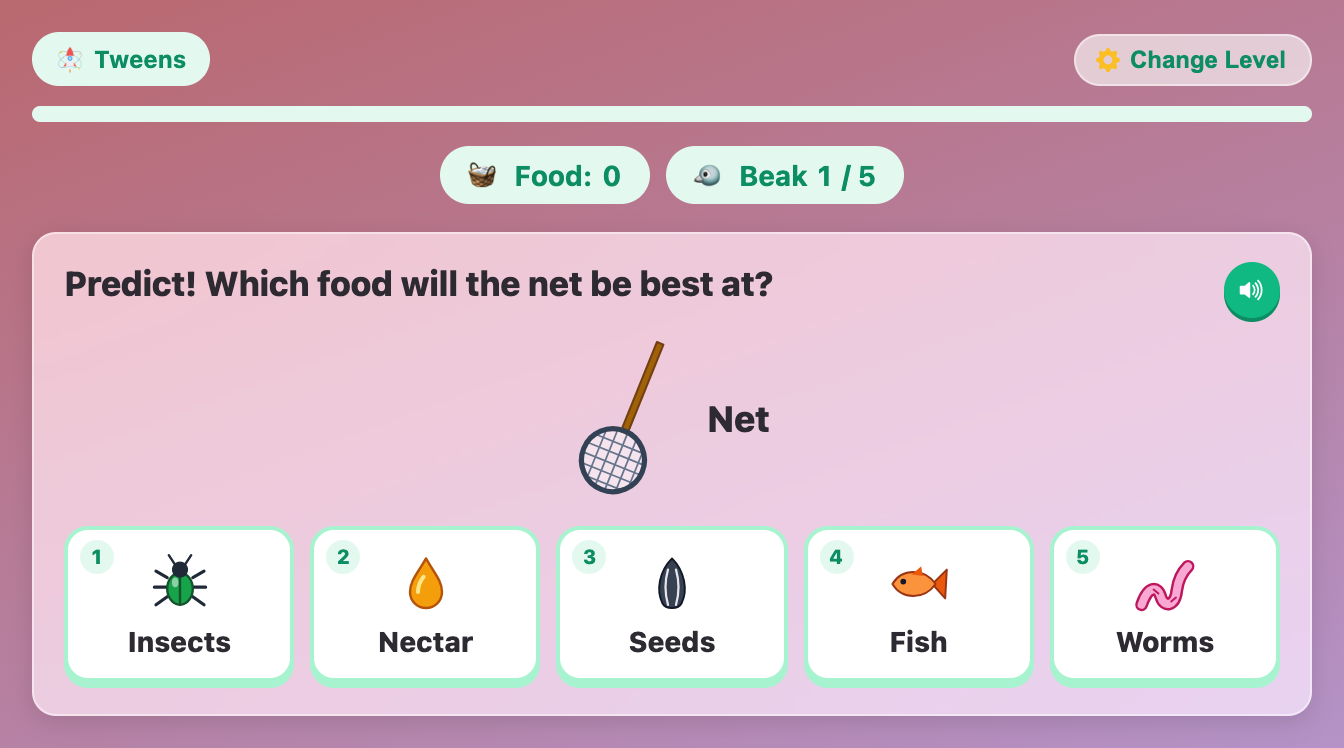 the prediction card asking which food the net will be best at, with five food buttons to choose from