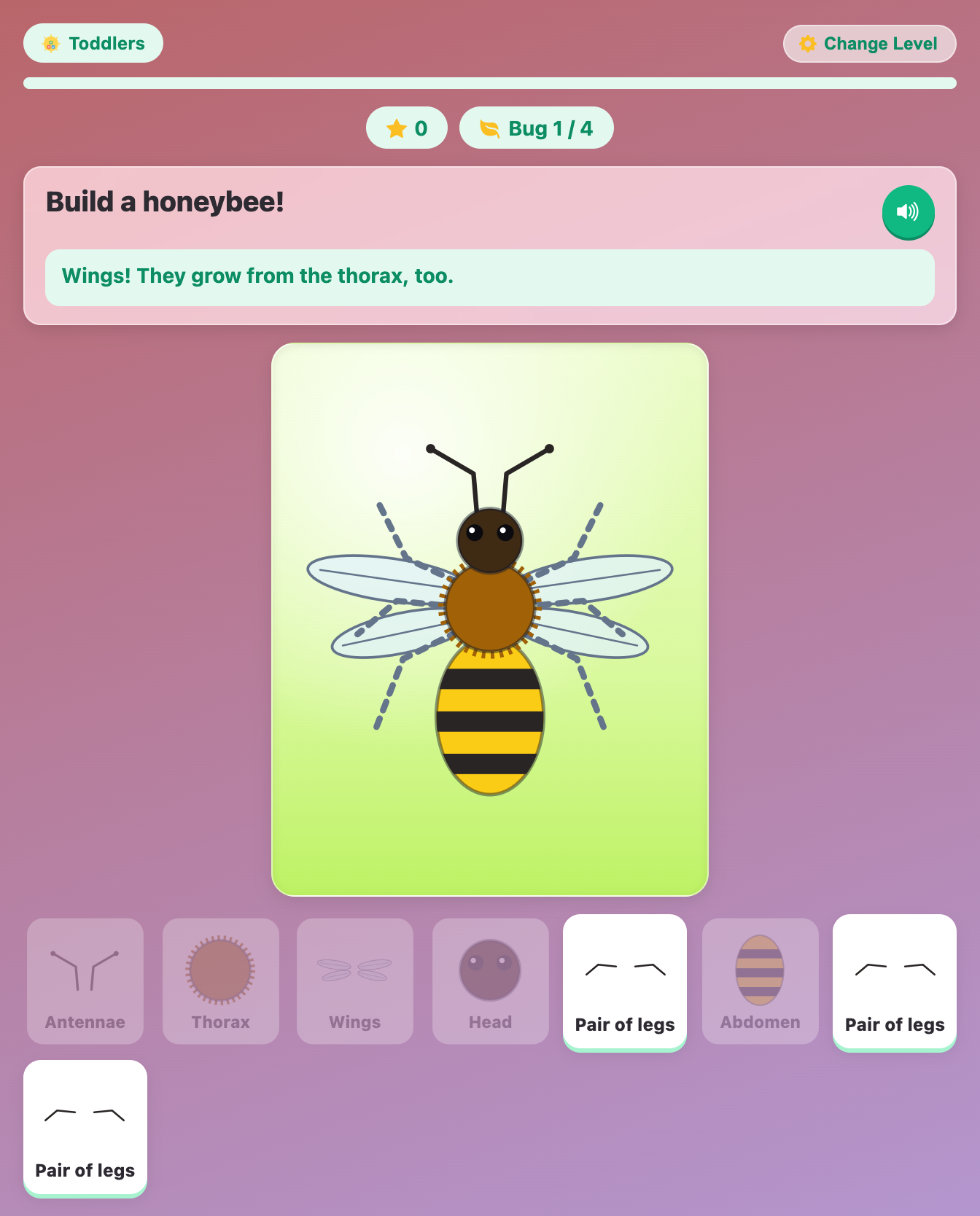 a honeybee being built in Build a Bug for toddlers, with its body, antennae and wings in place and dashed outlines where the legs go