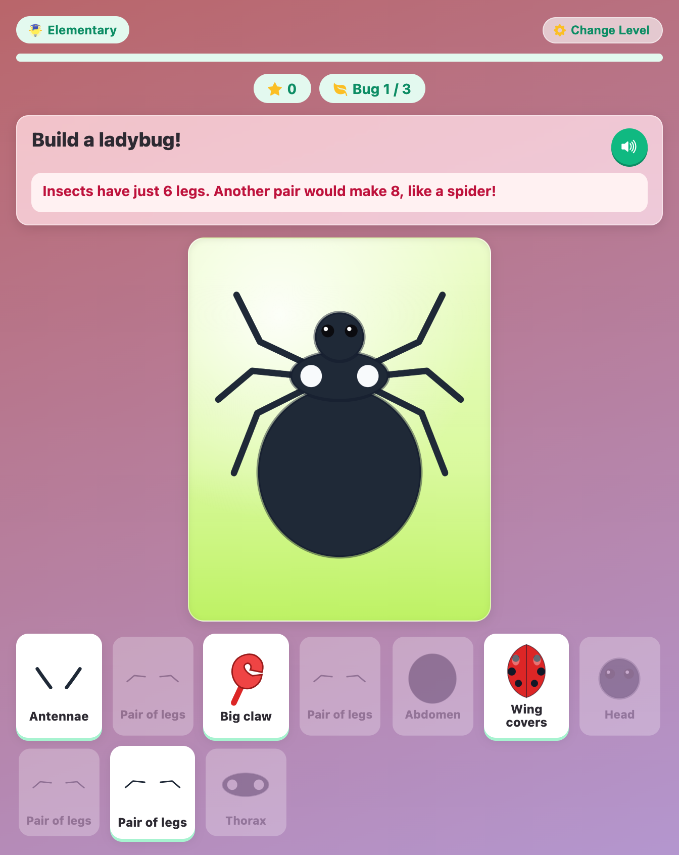 a ladybug with 6 legs at the Elementary level, as a fourth pair of legs bounces back with a spider tip