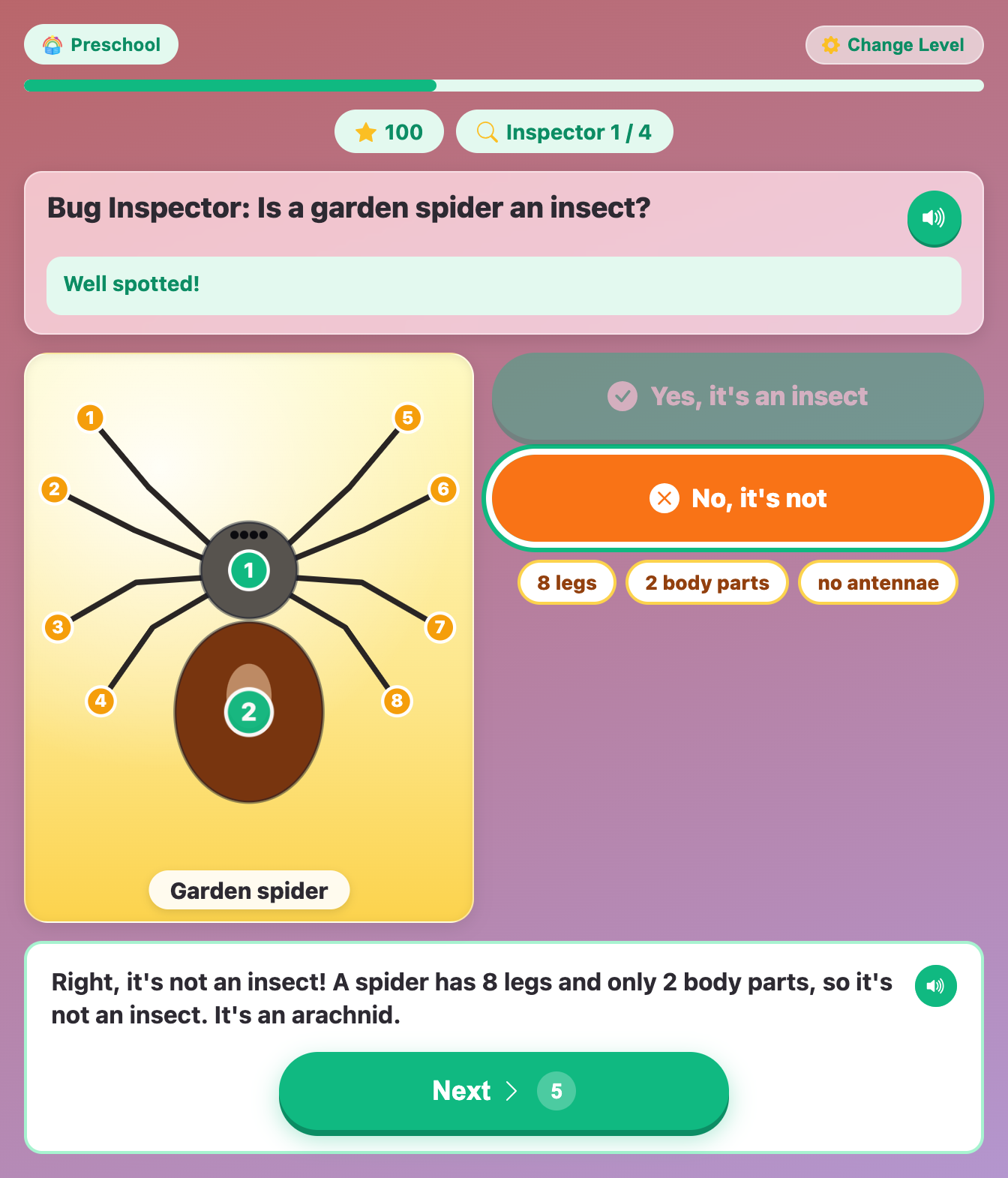 a Bug Inspector round asking if a garden spider is an insect, with its 8 legs and 2 body parts numbered