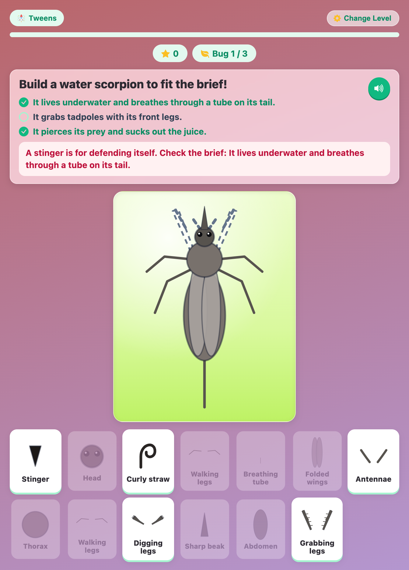 a water scorpion built to a brief in Build a Bug for tweens, with two needs ticked and a stinger decoy turned away