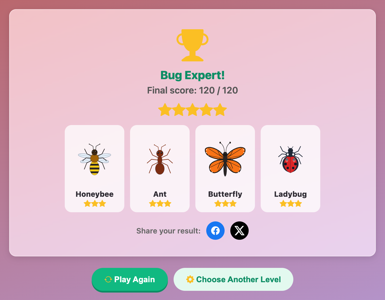 the Bug Expert result card with a full score and a gallery of a honeybee, an ant, a butterfly and a ladybug