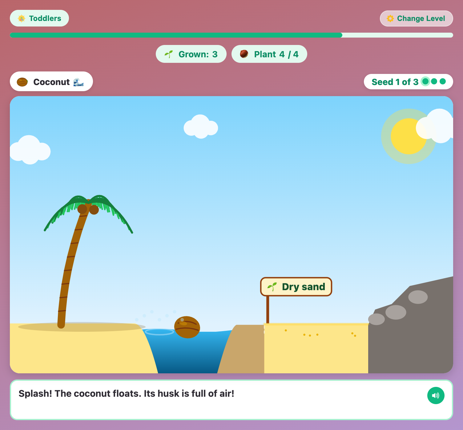 a coconut floating in the sea between the palm tree island and the far beach with its Dry sand sign
