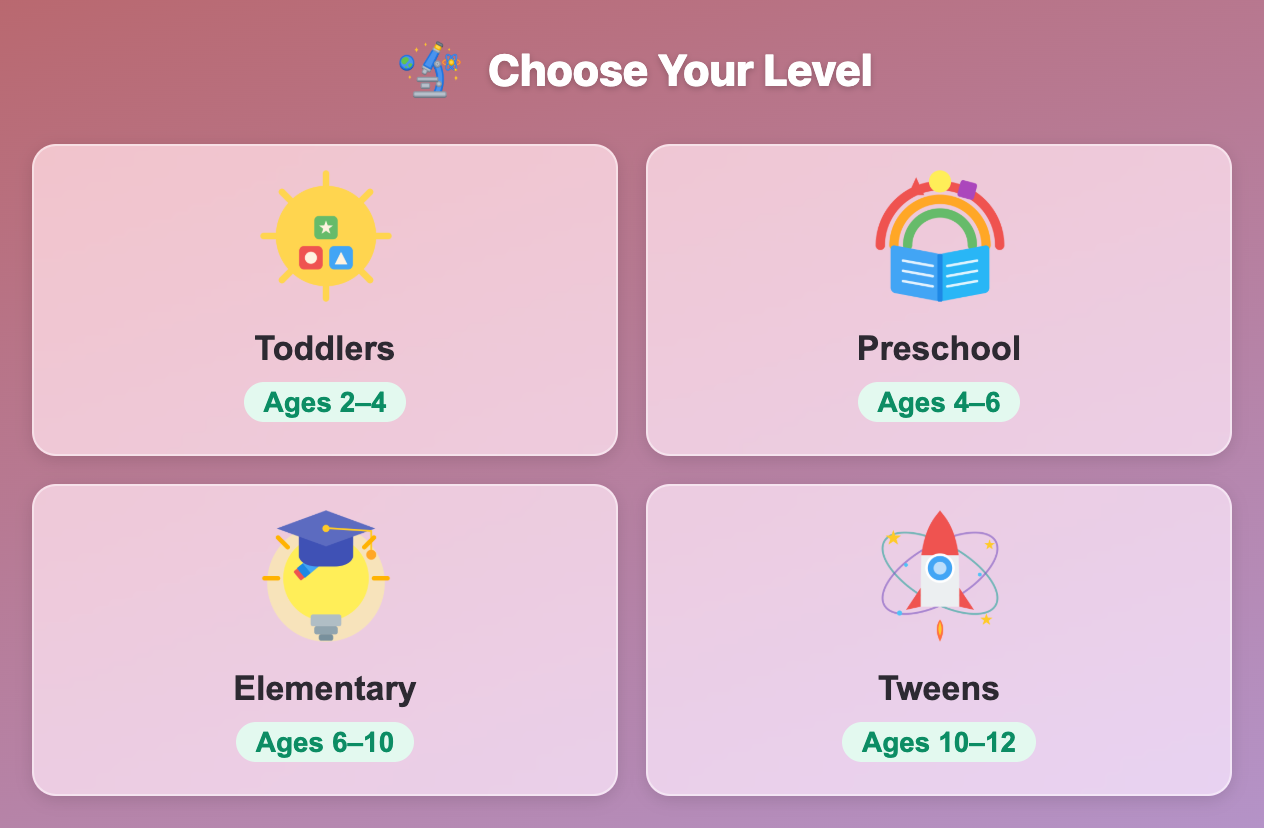 the Choose Your Level screen in Pond Dip Detective for kids, with Toddlers, Preschool, Elementary and Tweens cards