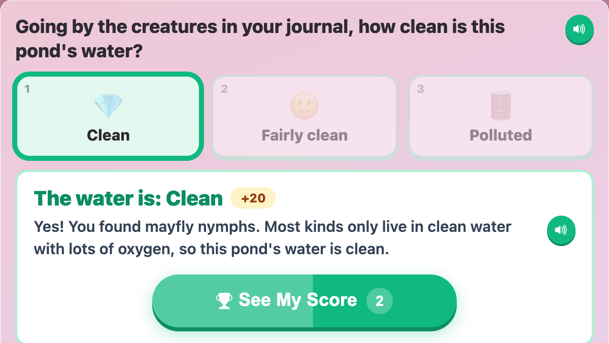 the Tweens water verdict, judging the pond Clean because the journal holds a mayfly nymph