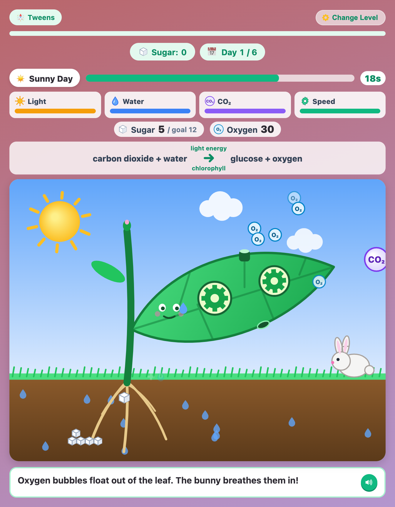 a sunny day in Photosynthesis Factory for kids, with full Light, Water and CO₂ gauges and the word equation over the leaf