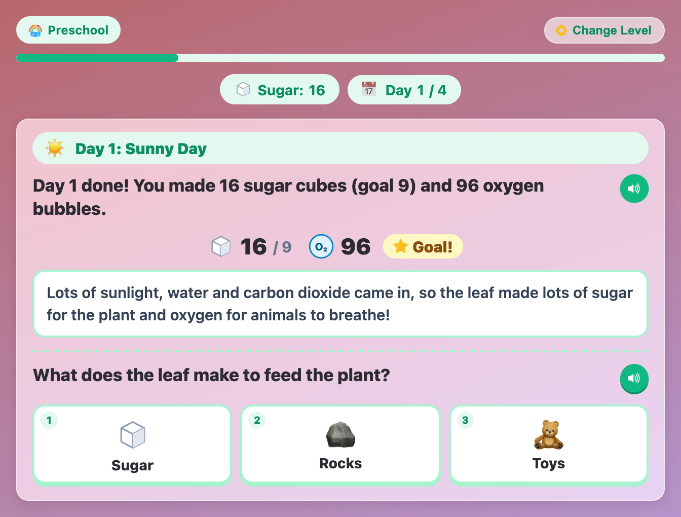 a picture question in Photosynthesis Factory for preschoolers asking what the leaf makes, with Sugar, Rocks and Toys answers