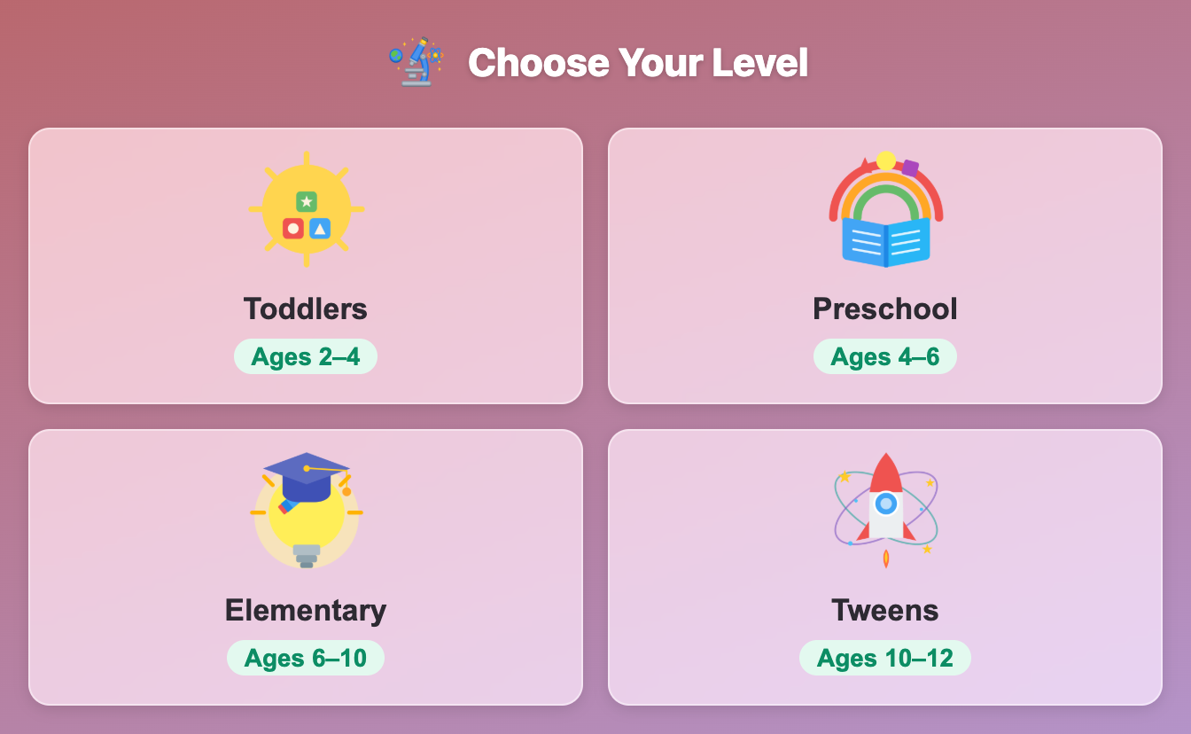 the Choose Your Level screen in Ecosystem Balance for kids, with Toddlers, Preschool, Elementary and Tweens cards