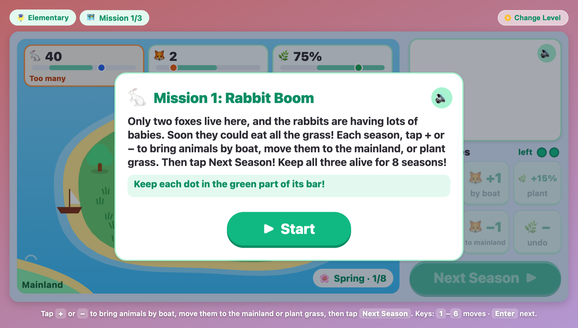 the Rabbit Boom mission card in Ecosystem Balance, over an island with 40 rabbits, 2 foxes and 75% grass