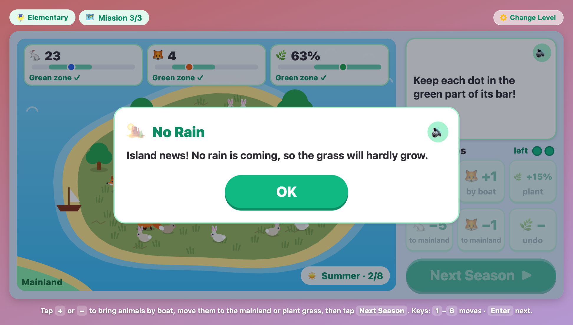 a No Rain island news card in the Dry Year mission, warning that the grass will hardly grow