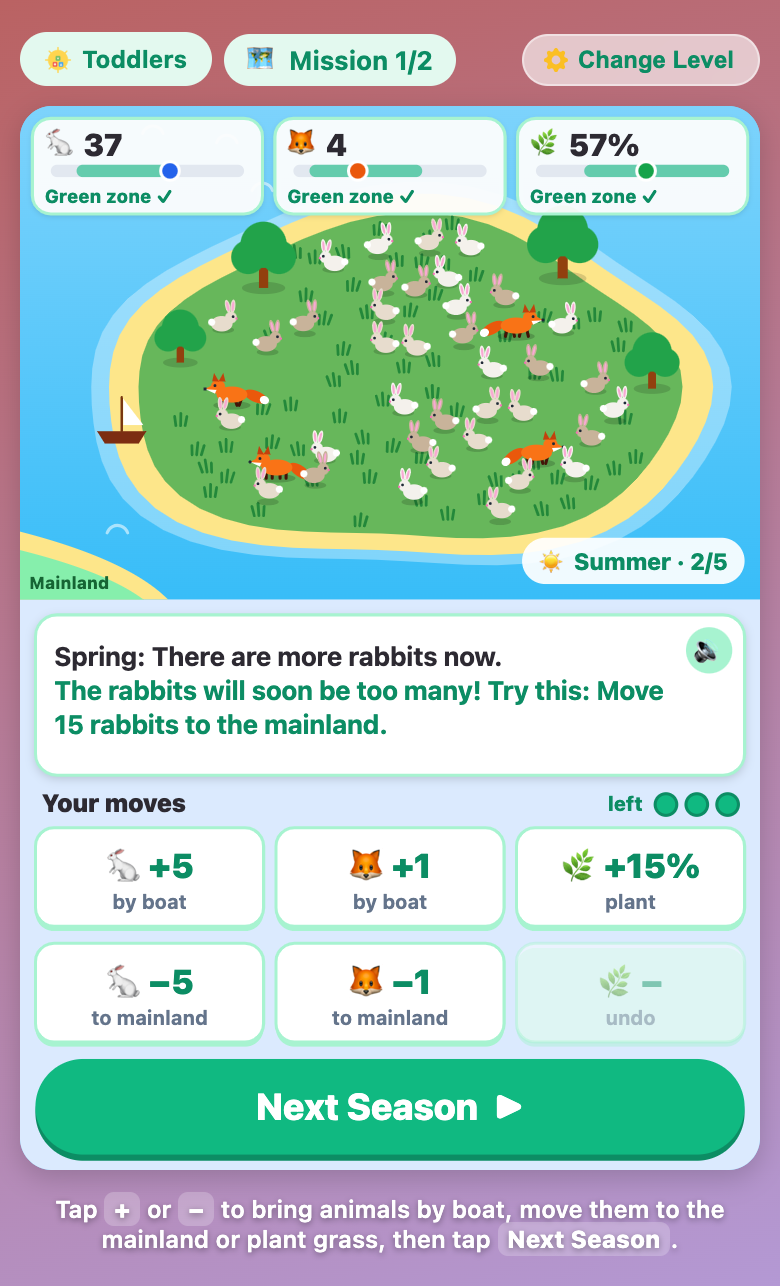 Ecosystem Balance for toddlers on a phone, with a green tip to move 15 rabbits to the mainland