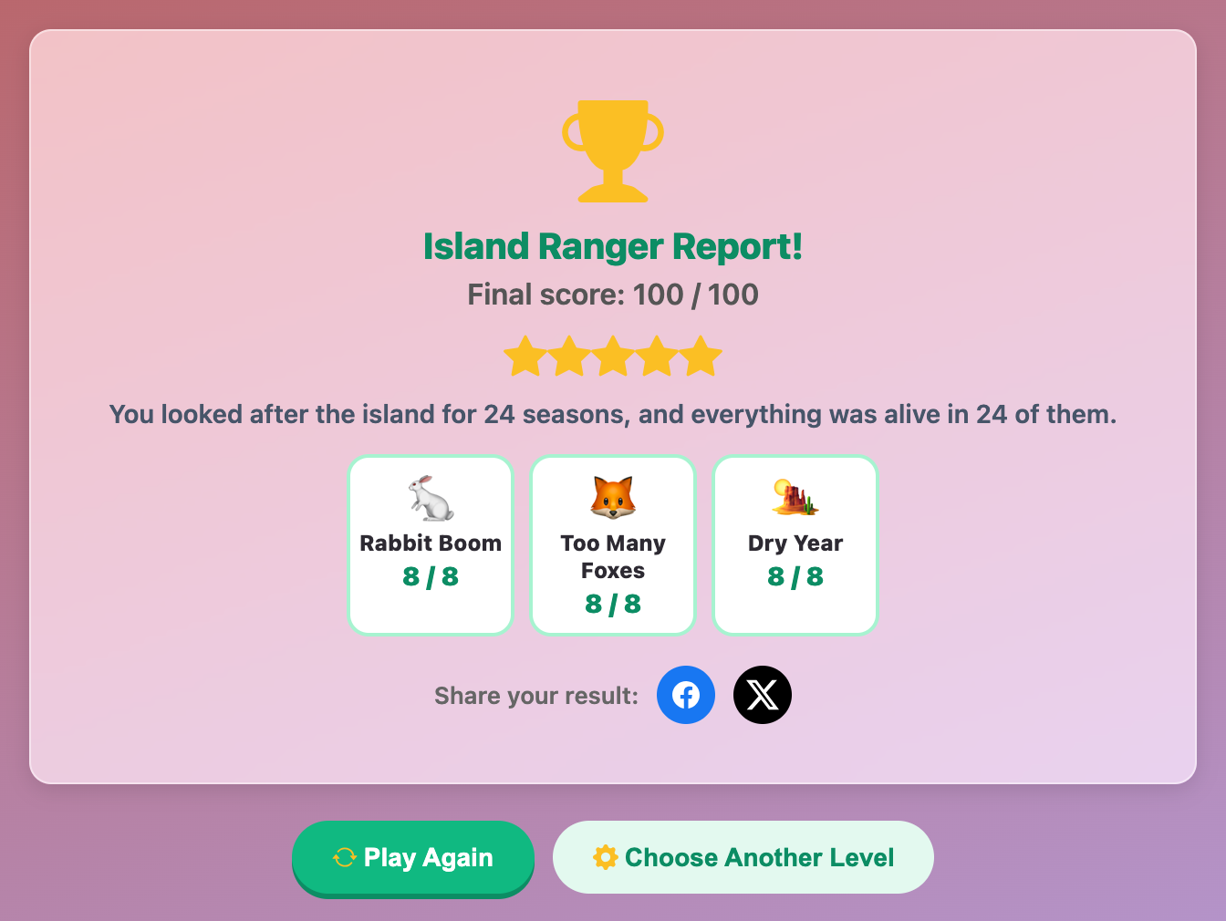 the Island Ranger Report with a gold trophy, a final score of 100 out of 100 and three finished missions