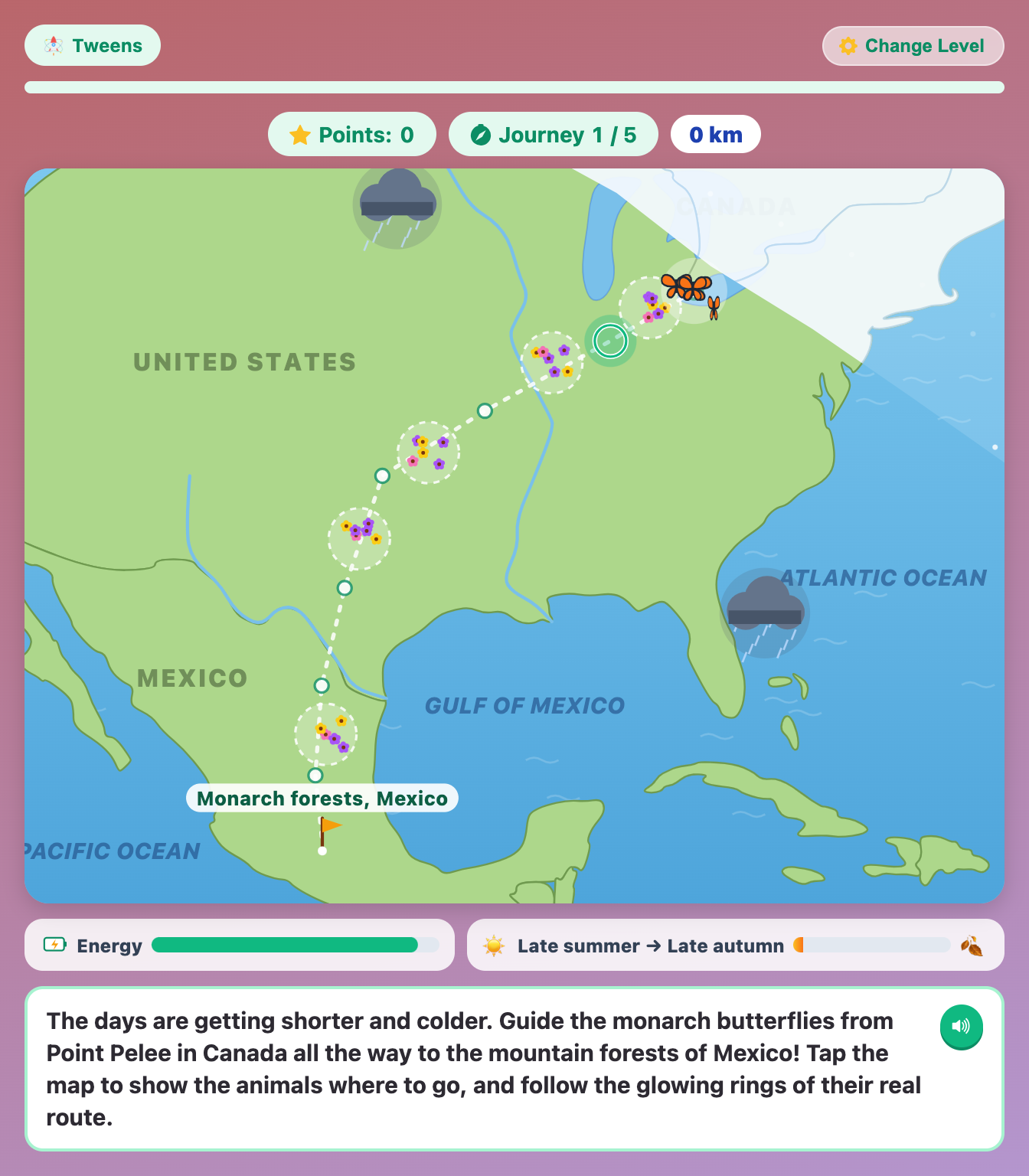 a Tweens map in Migration Journey with monarch butterflies leaving Canada, flower fields along the dotted route, two storm clouds and winter creeping in at the corner