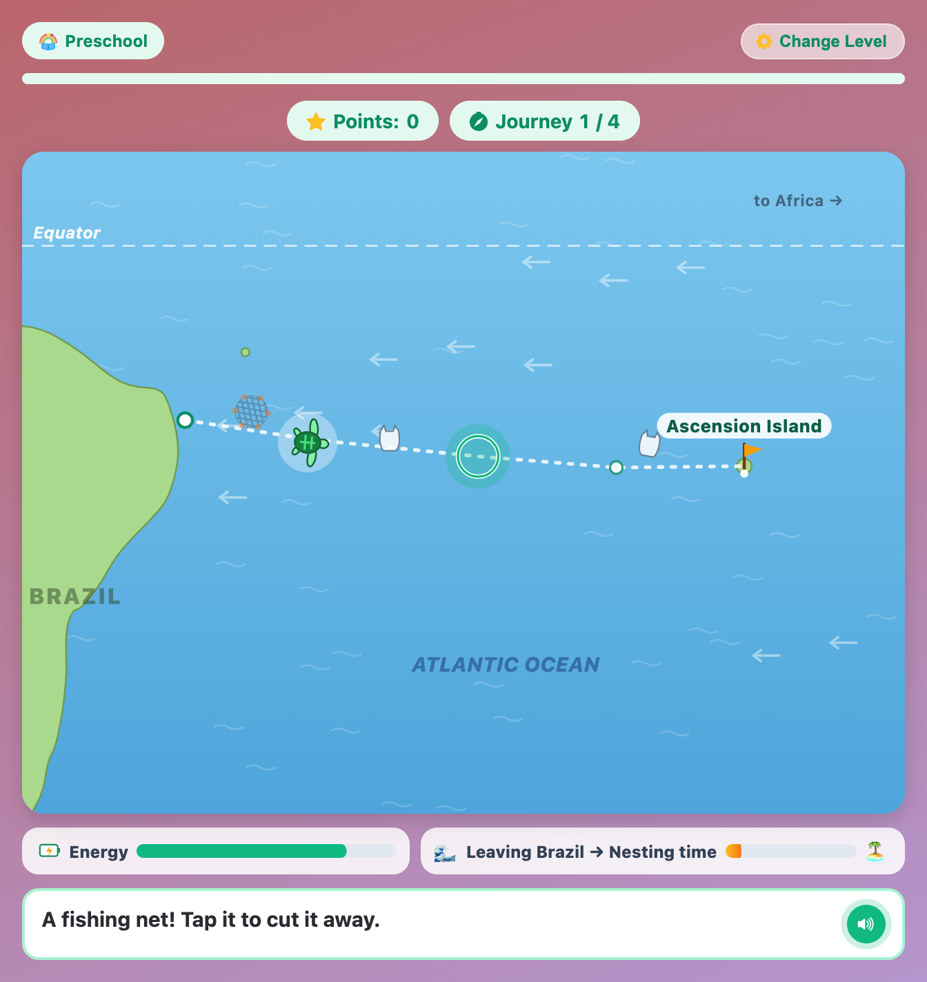 a green sea turtle swimming from Brazil toward Ascension Island past a fishing net and plastic bags, with arrows showing the westward current