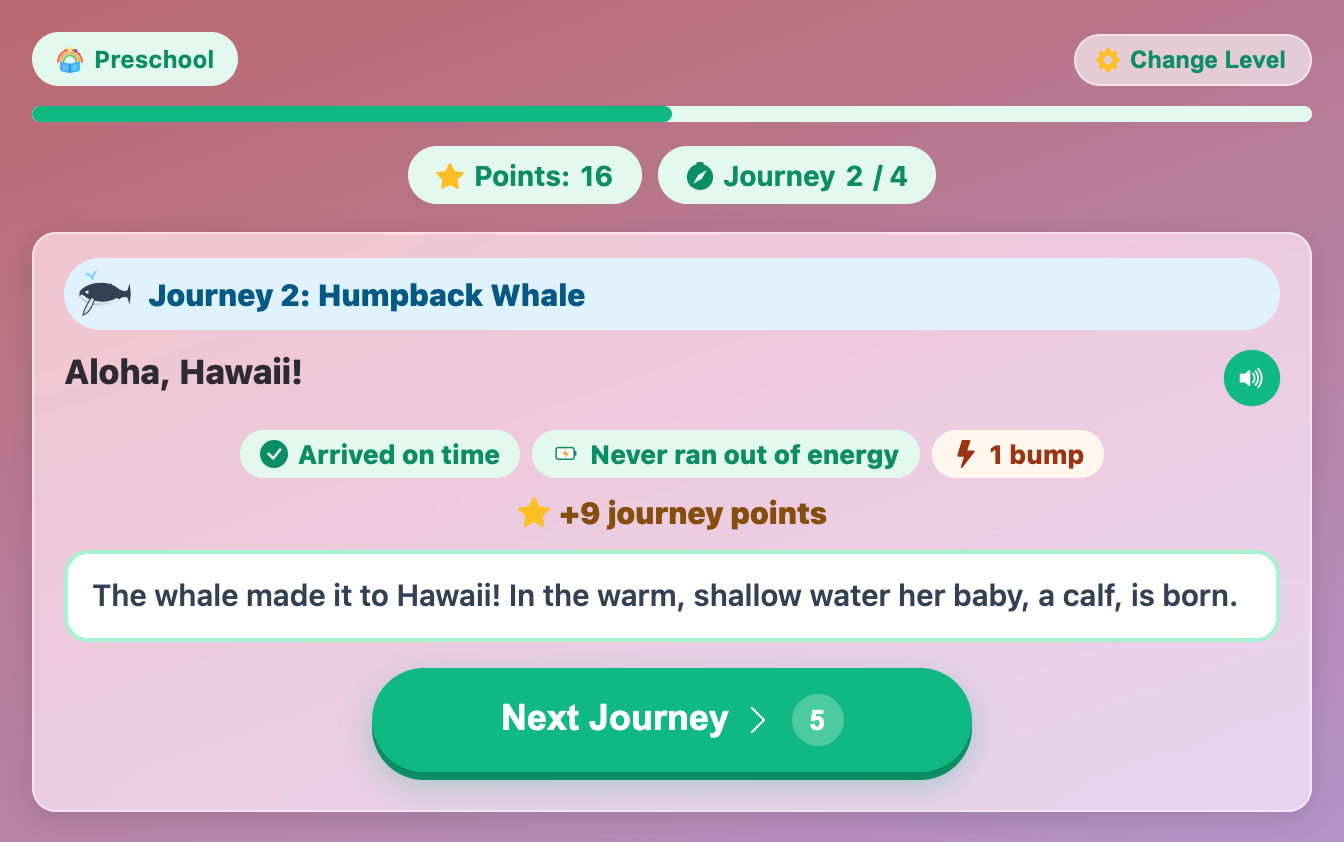 the report card after the humpback whale reaches Hawaii, showing Arrived on time, Never ran out of energy, 1 bump and 9 journey points