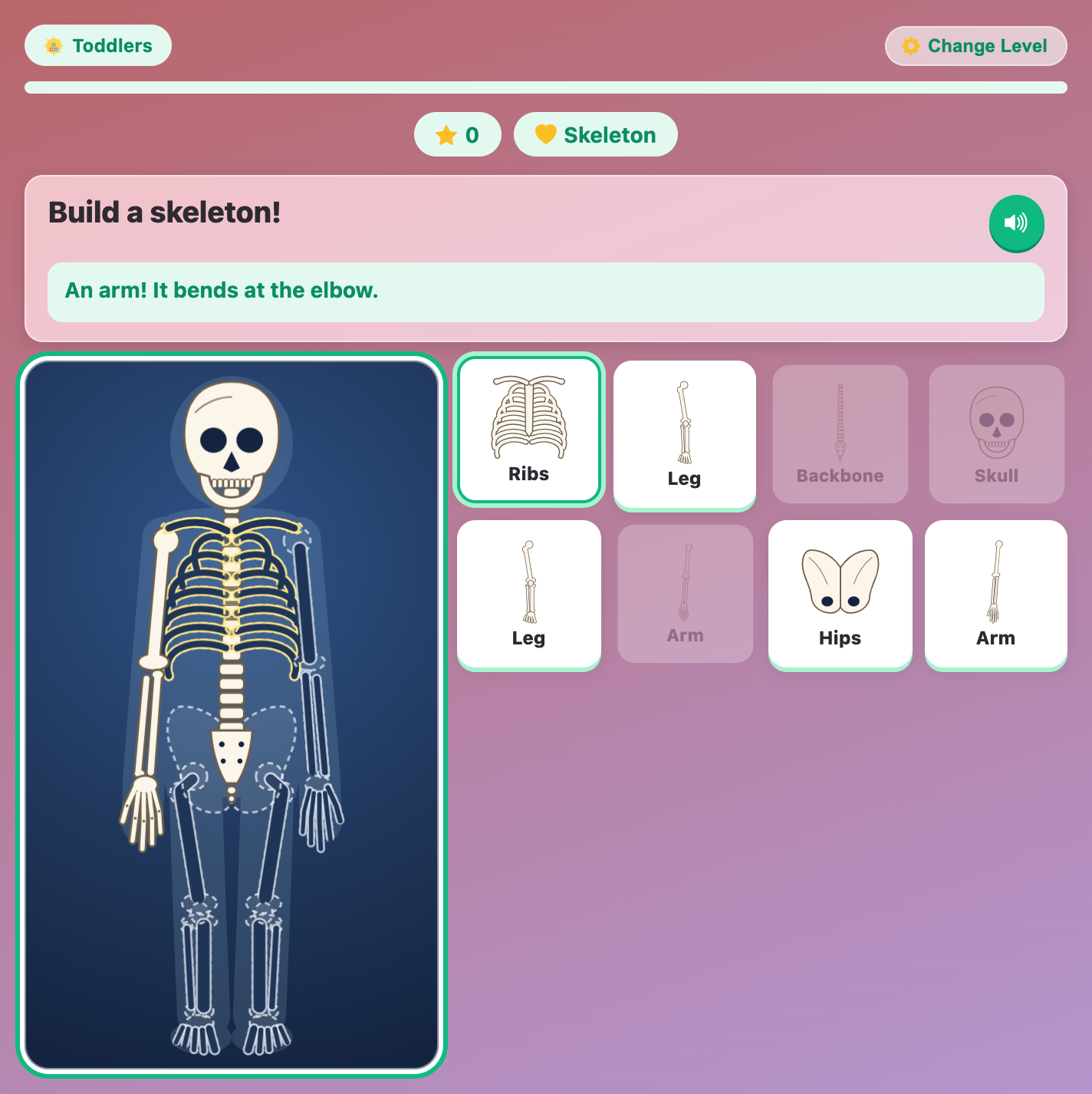 Build a Skeleton for toddlers with the skull, backbone and one arm in place and the ribs outline glowing yellow