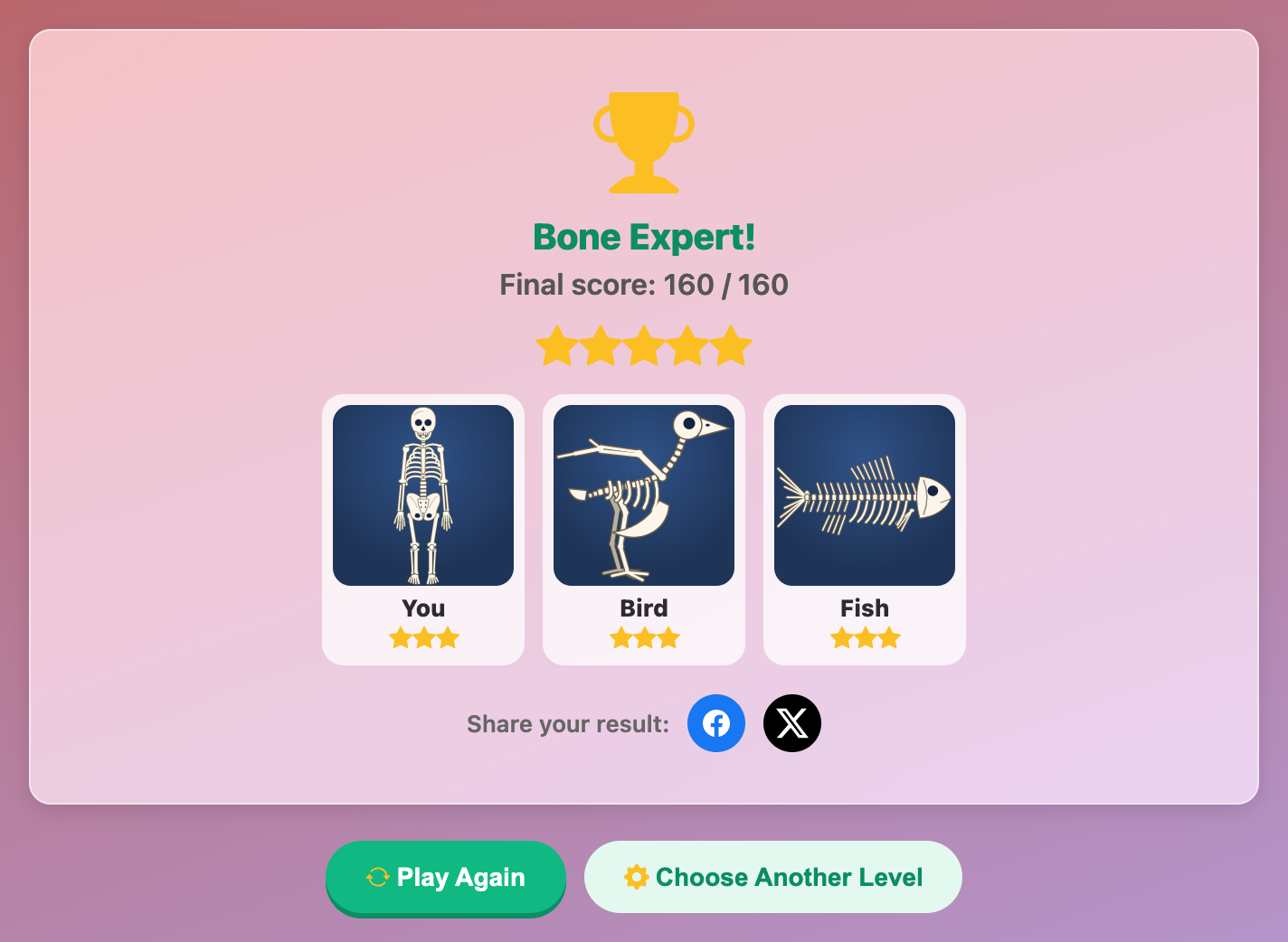 the Bone Expert result card in Build a Skeleton for kids, showing a full score and the person, fish and bird skeletons