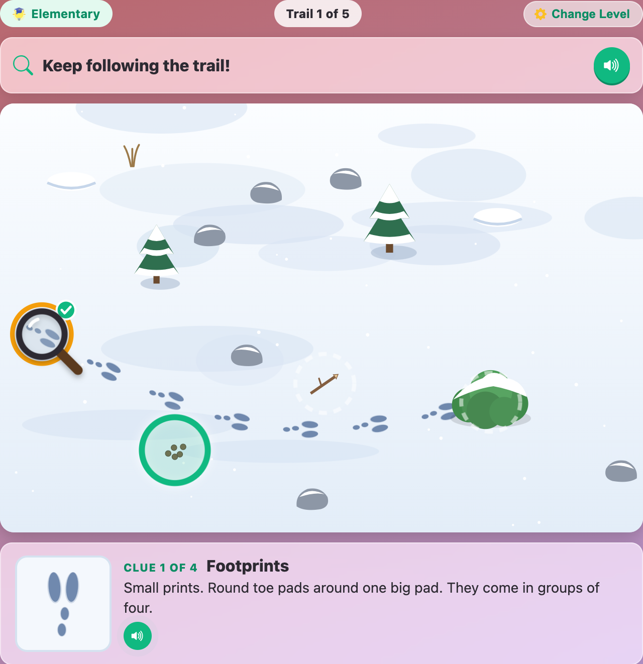 a rabbit trail in the snow at the Elementary level, with the magnifying glass on the first prints and the Footprints clue card below