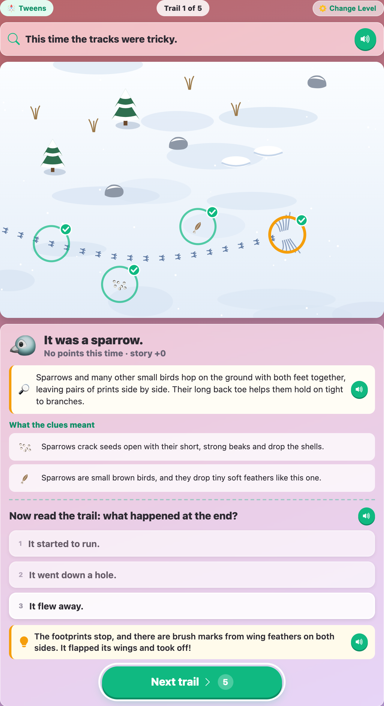 a sparrow result card with what the clues meant, and the tweens question about what happened at the end of the trail
