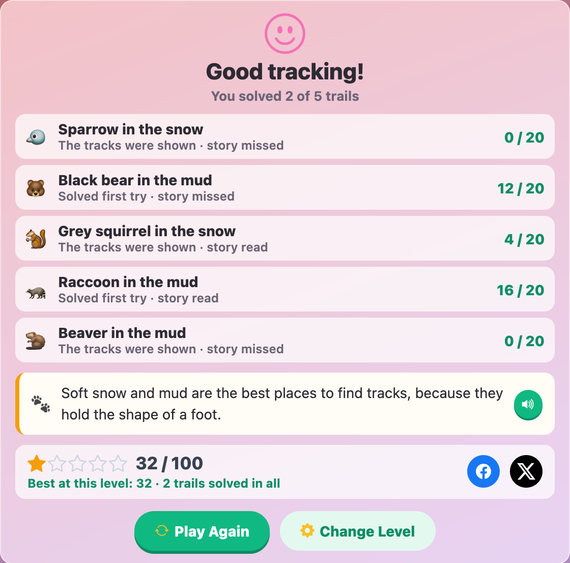the finish card in Animal Tracks Detective, with each trail's points, a tracking fact and a score out of 100