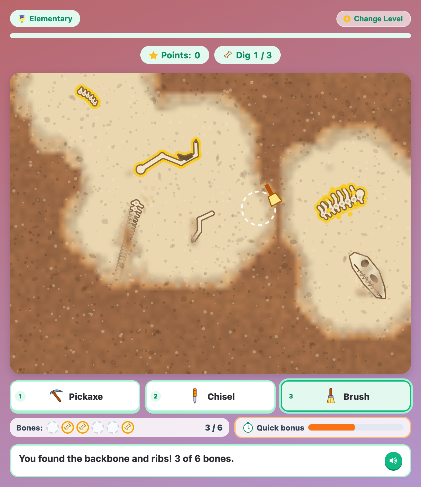 a half-dug rock site in Fossil Dig at the Elementary level, with three found bones glowing gold