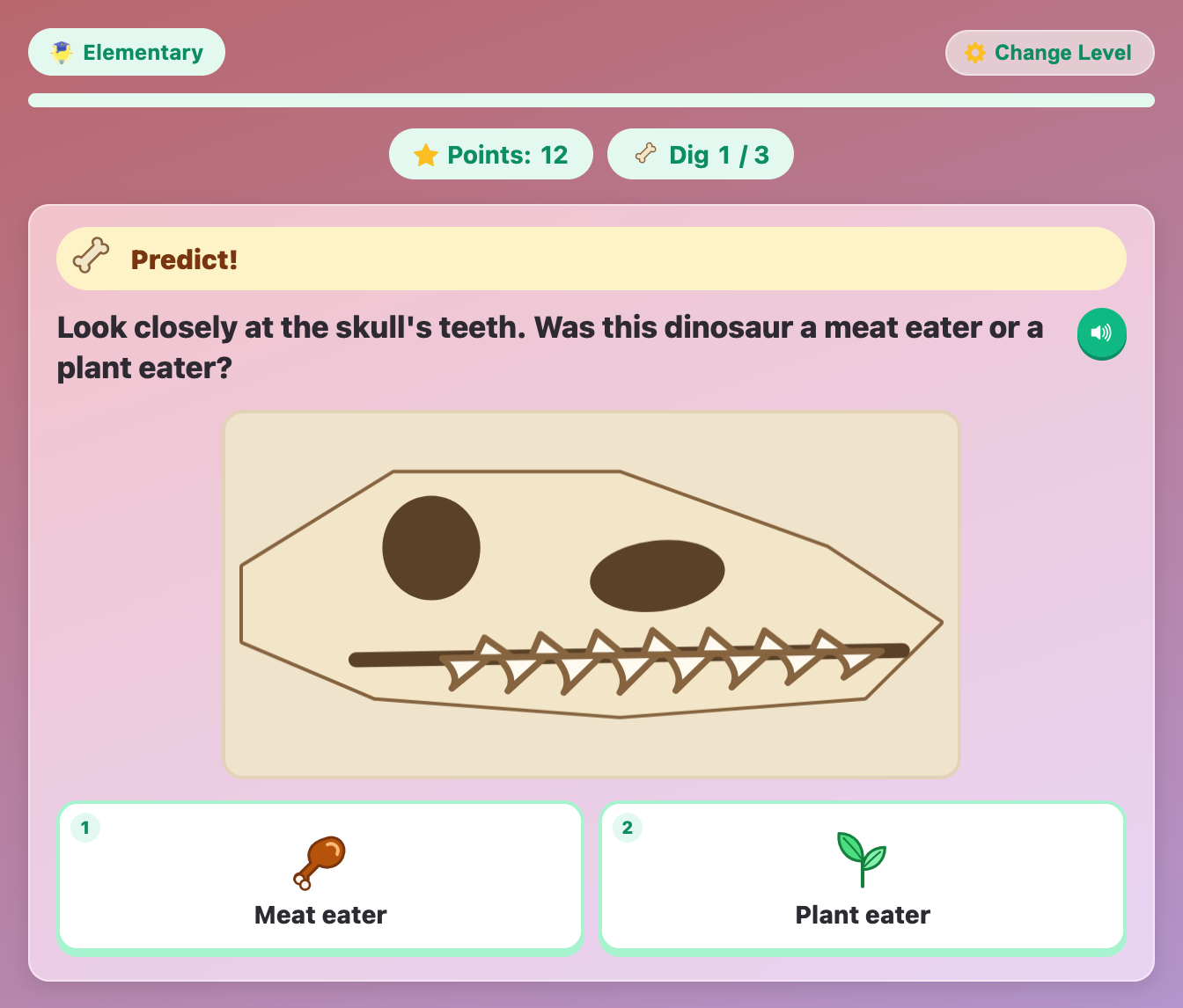 the Predict card with a close-up skull full of sharp, jagged teeth and Meat eater or Plant eater buttons