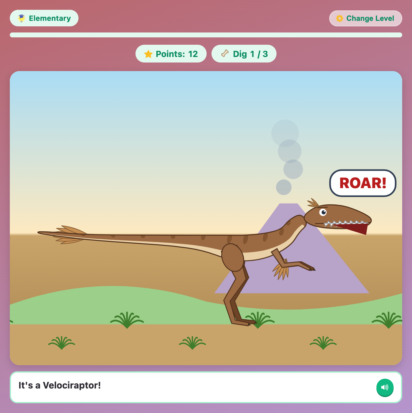 a feathered Velociraptor come to life in front of a smoking volcano, with a big ROAR speech bubble