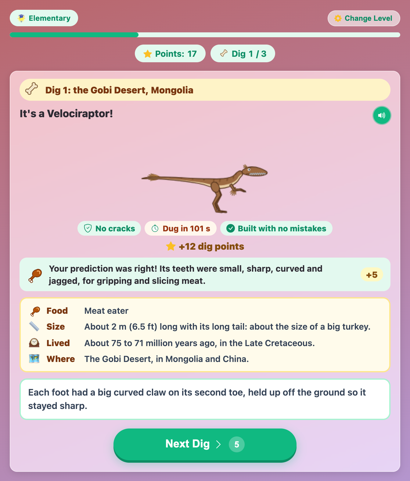the Velociraptor report card with No cracks and Built with no mistakes chips, a right prediction and fact rows
