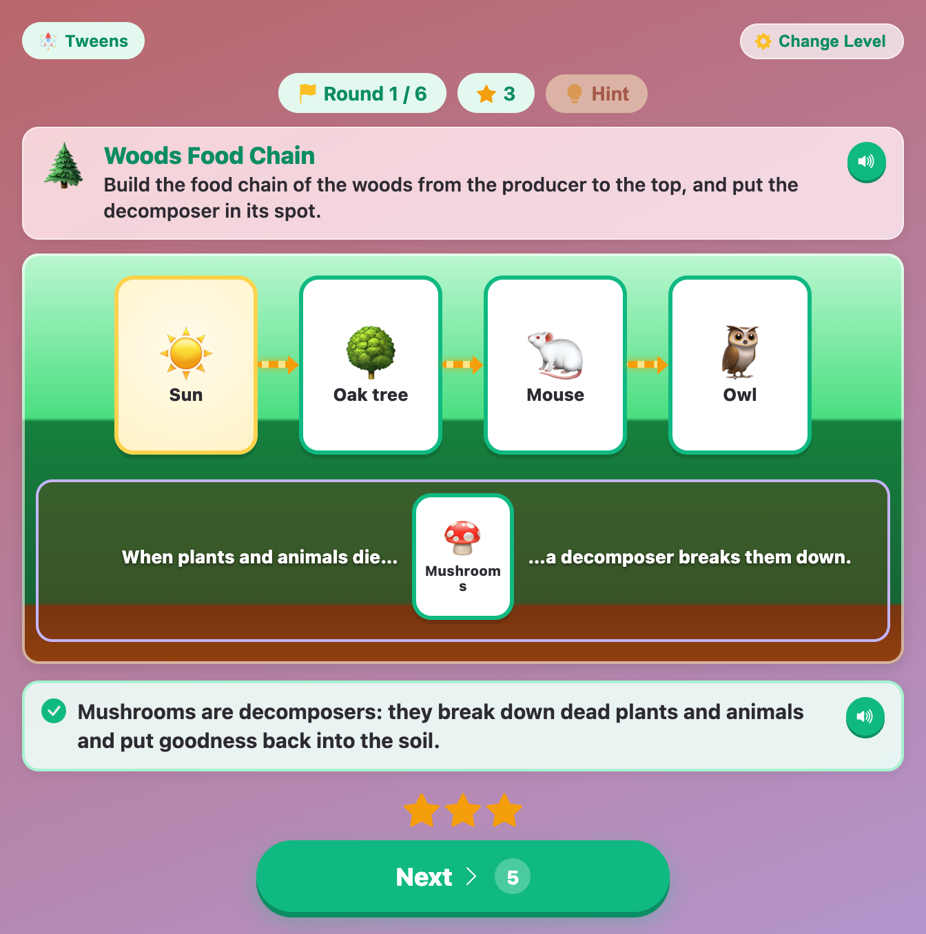 a finished Woods chain in Food Chain Builder for tweens, with three stars and a green Next button counting down