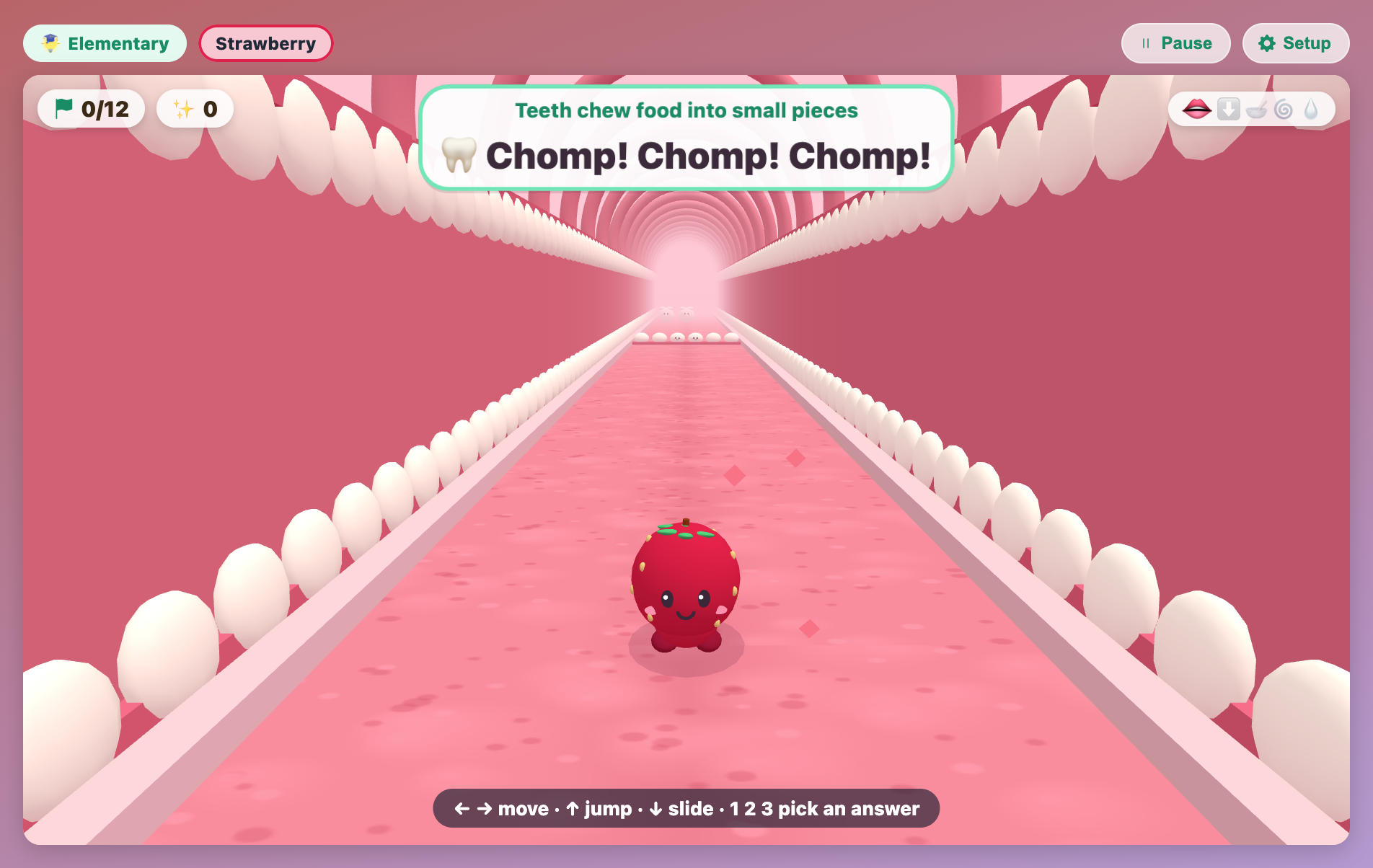 a strawberry snack standing in a mouth lined with teeth while the plate says Chomp! Chomp! Chomp!