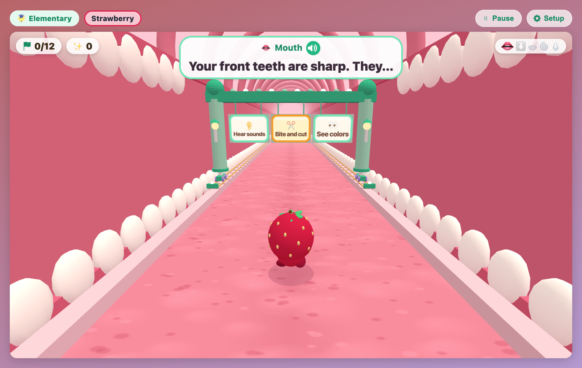 a gate with three answer signs in the mouth asking what sharp front teeth do in Food Journey for kids