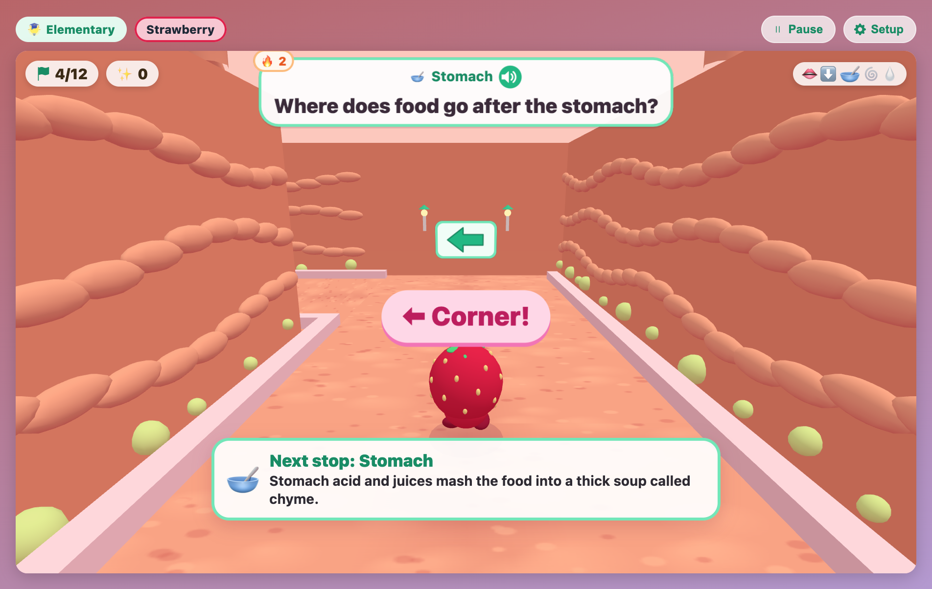 the orange stomach with folds and acid bubbles on the walls, a corner arrow and the Next stop: Stomach banner