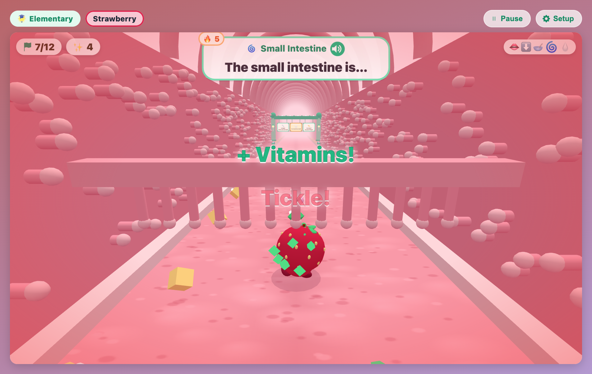 the strawberry sliding under a curtain of villi in the small intestine as a + Vitamins! pop-up shows