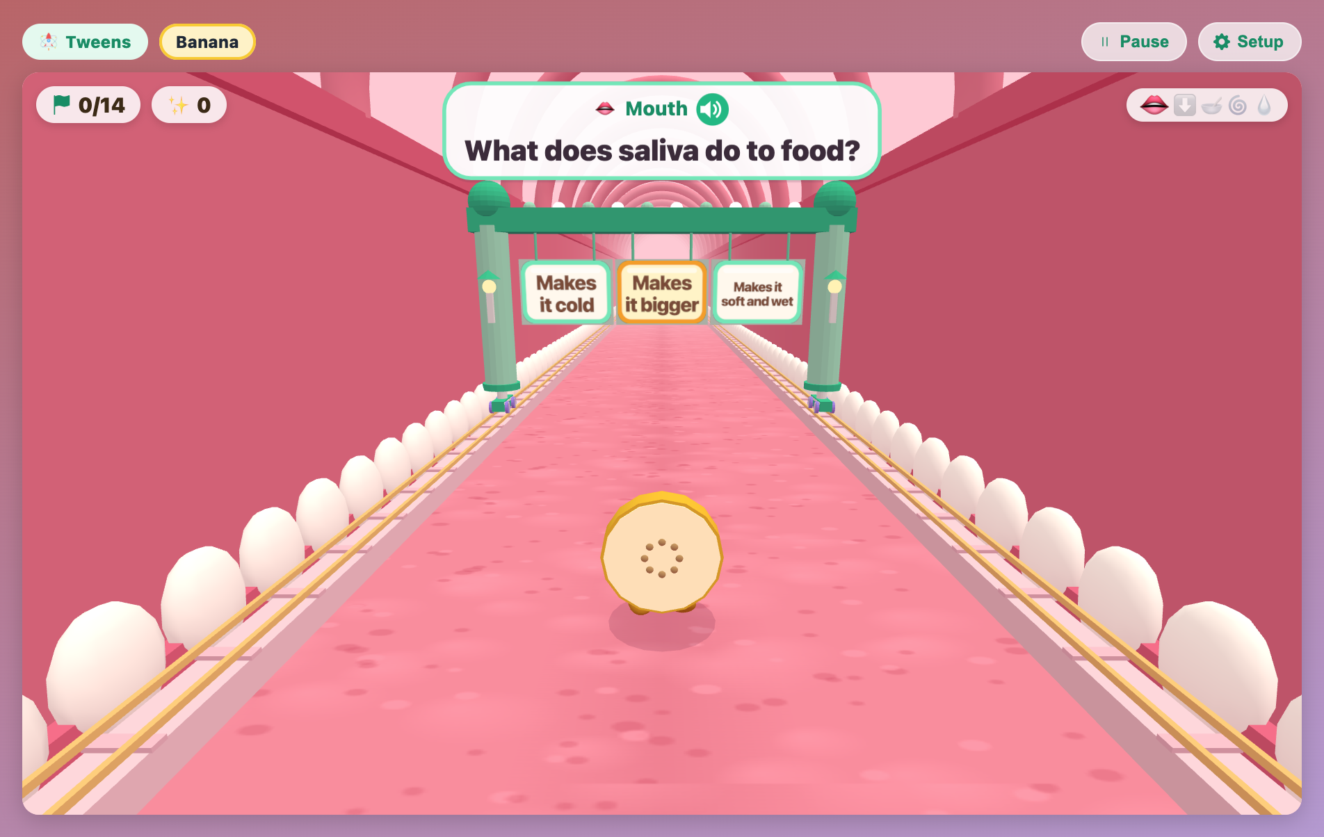 a banana slice heading for a gate asking what saliva does to food in Food Journey for tweens