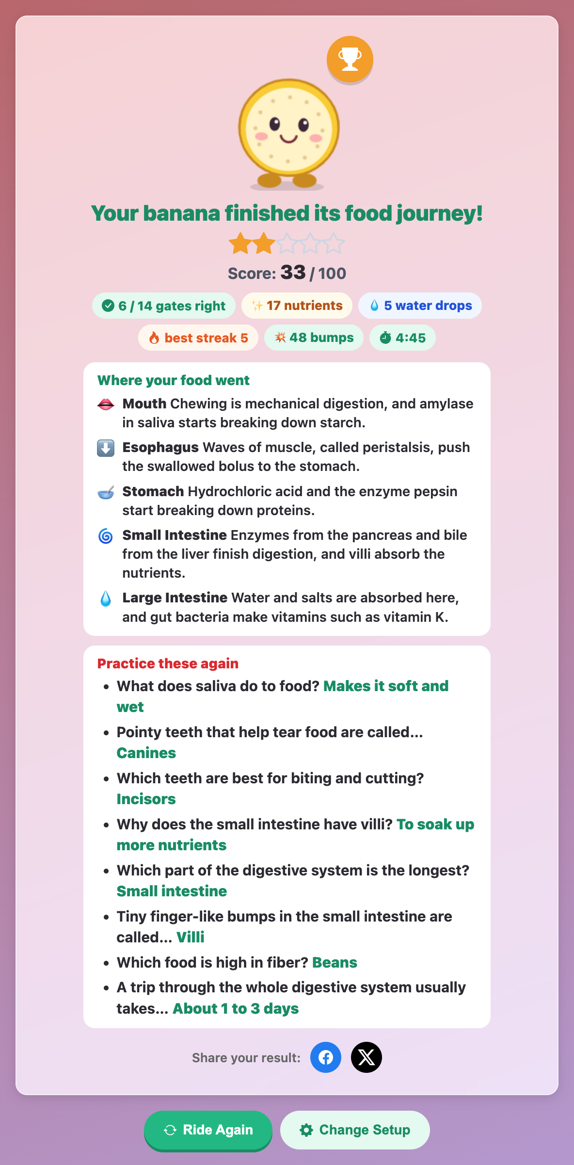 the Food Journey result card with stars, gates right, nutrients, a recap of each part and a practice list