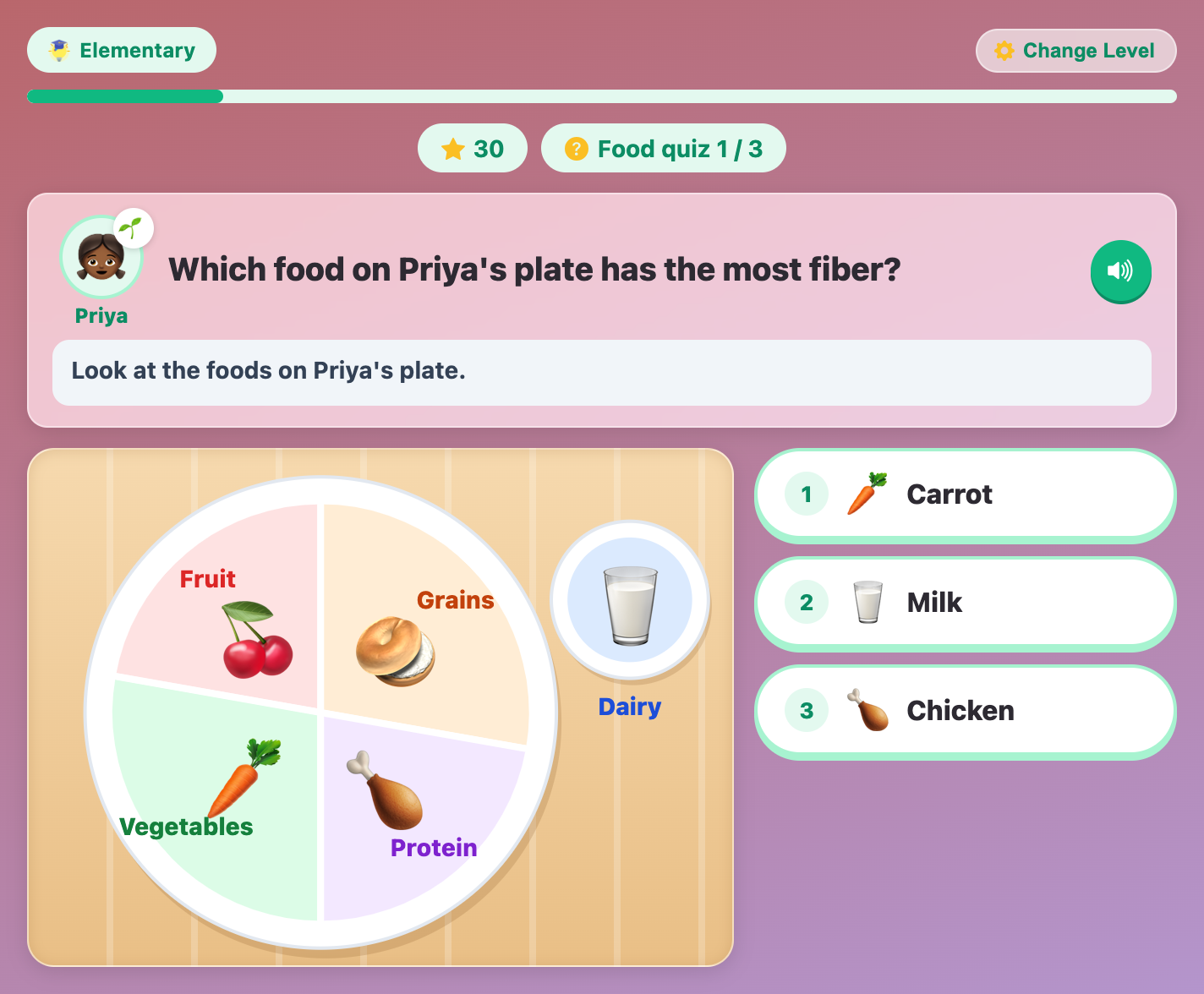 a food quiz in Healthy Plate Chef for kids asking which food on the plate has the most fiber