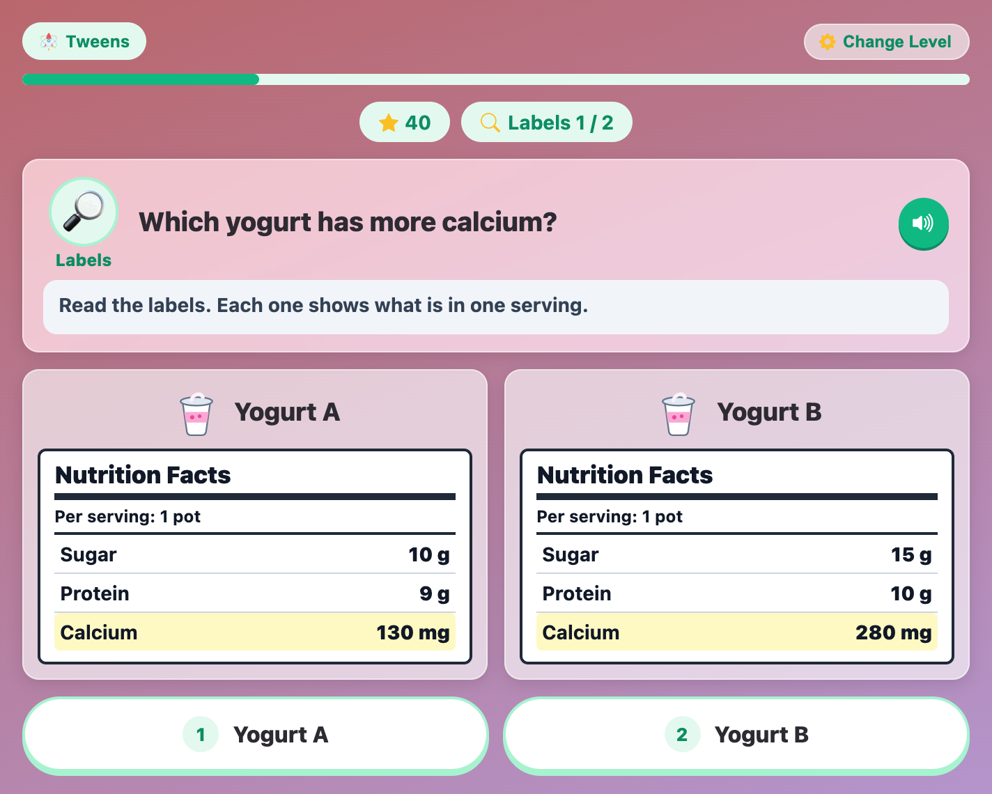 two Nutrition Facts labels for Yogurt A and Yogurt B with the calcium row highlighted for tweens