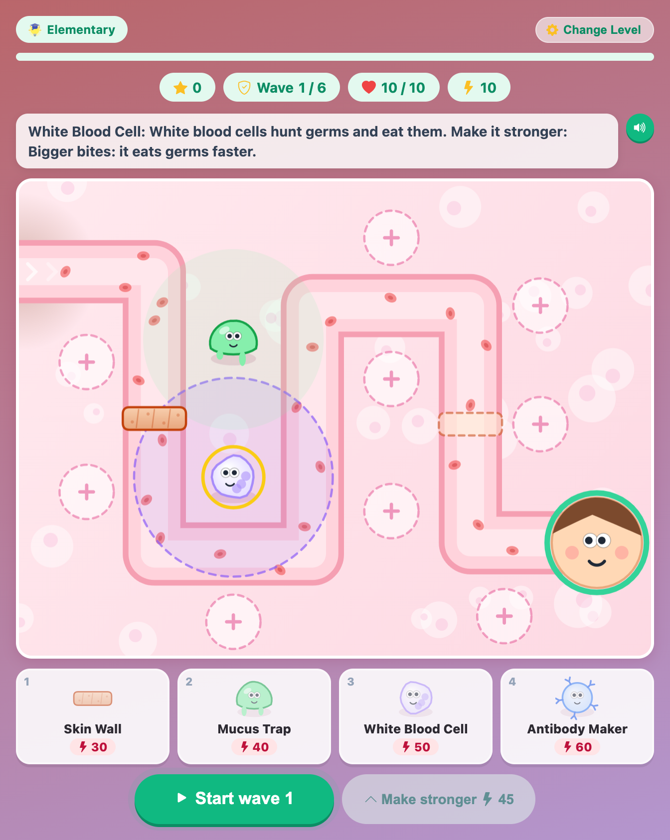 a white blood cell, a mucus trap and a skin wall placed by the blood vessel before wave 1 in Germ Defender for elementary kids