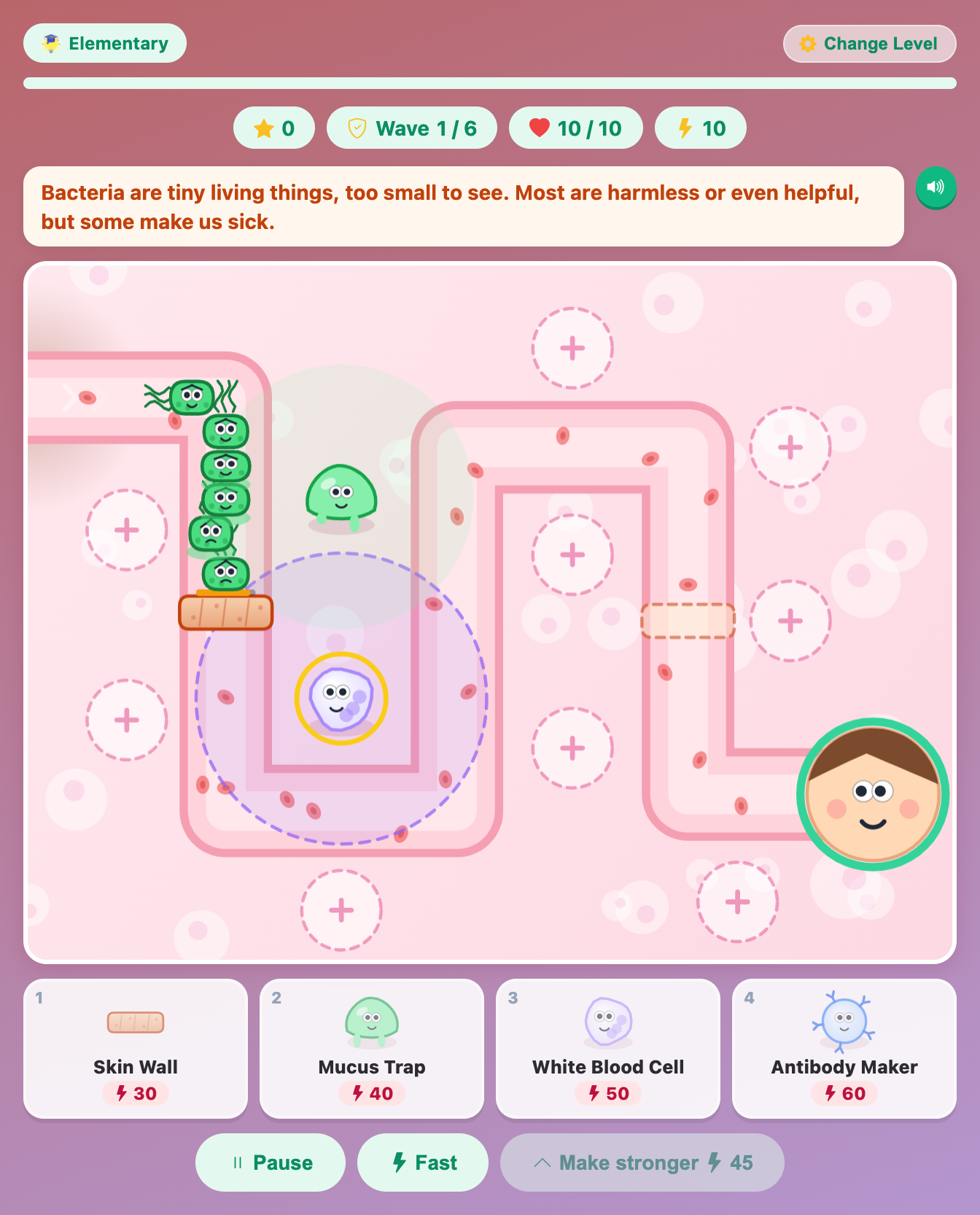 six green bacteria piled up against a skin wall, chewing on it, in Germ Defender for kids