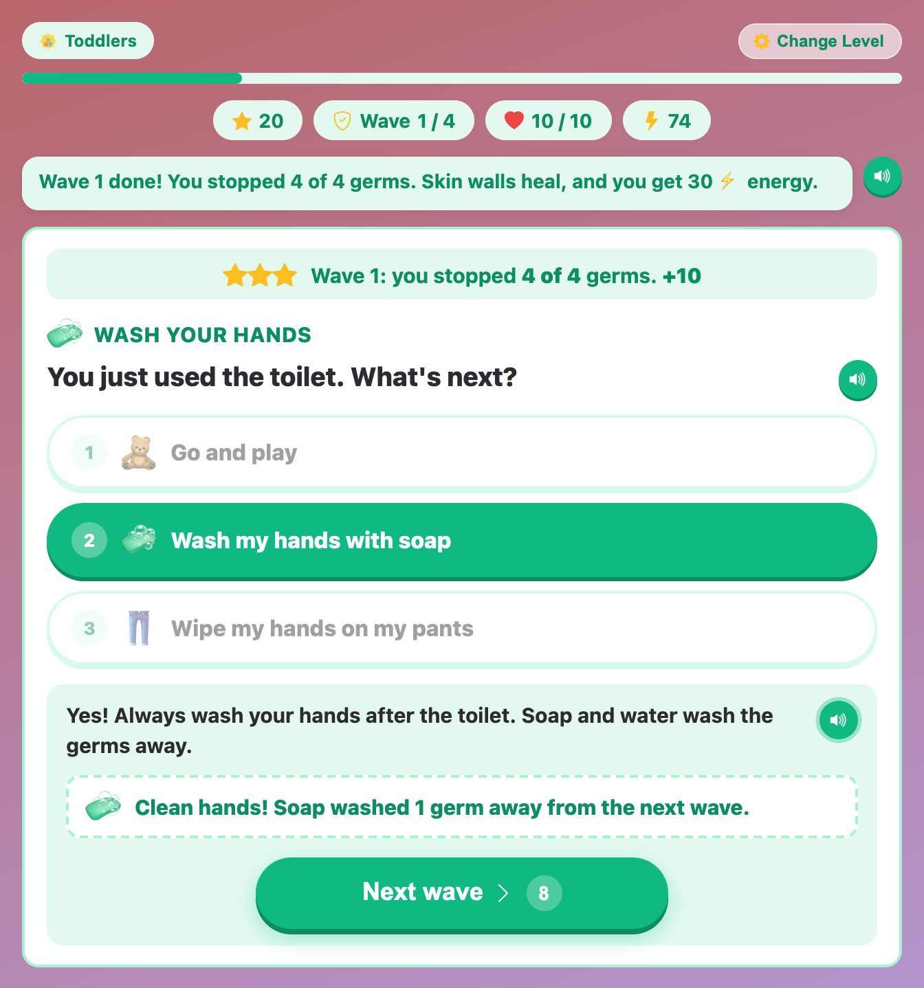 a Wash your hands habit card in Germ Defender for toddlers, with Wash my hands with soap as the right answer