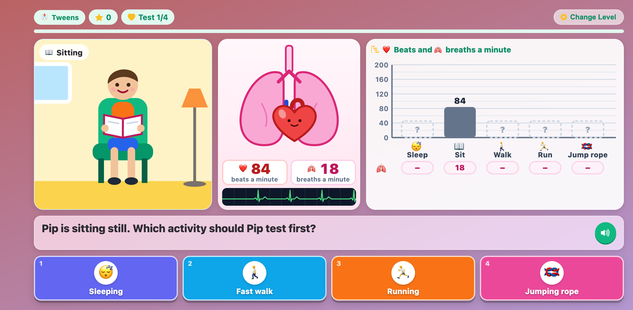 Pip sitting and reading beside the heart, lungs and bar chart, with four colored activity cards to test