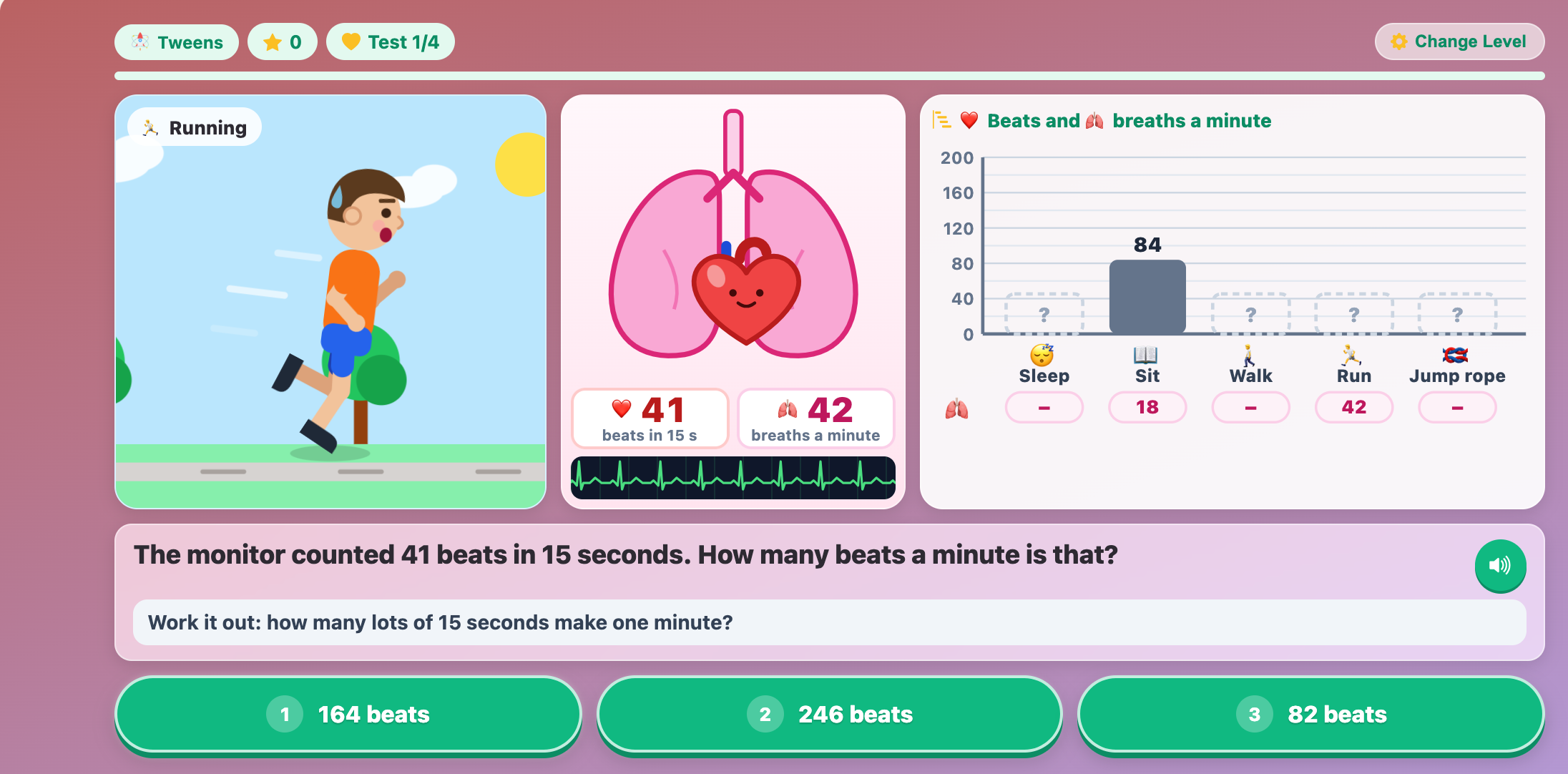 Heartbeat Lab for tweens asking how many beats a minute 41 beats in 15 seconds makes